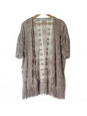 NWOT Maurices Lace Kimono Cardigan Boho Fringe Open Front OS Neutral Embroidered